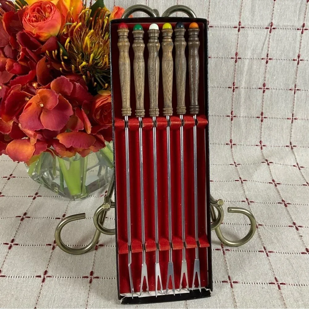 Vtg Japan Styson Fondue Fork Skewers Set Teak Wood Rainbow Ends Colored Ends